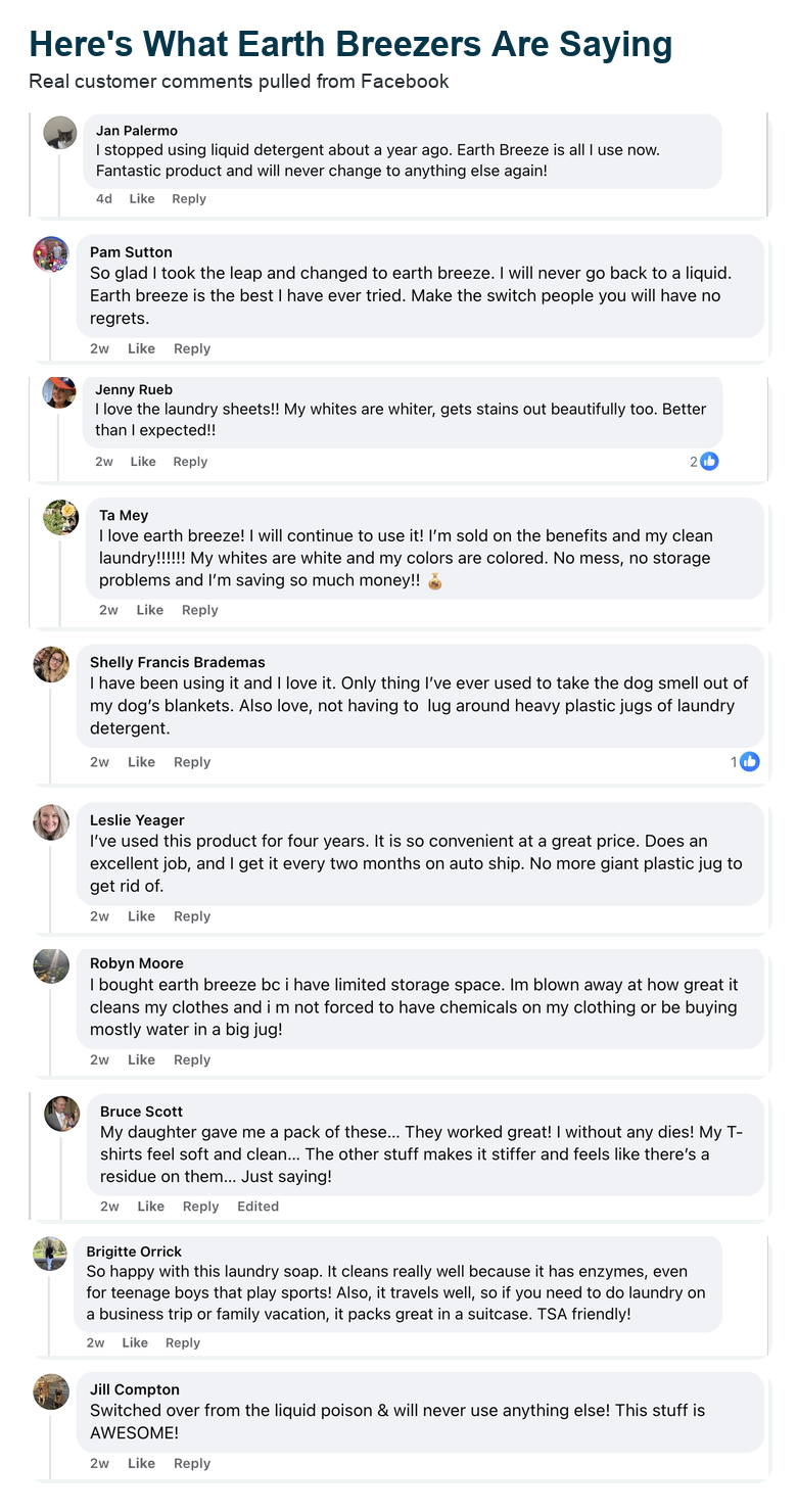 Real customer comments from Facebook praising Earth Breeze